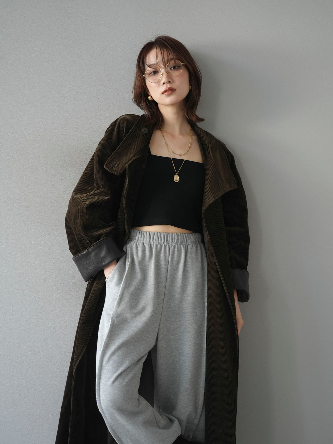 [予約]コーデュロイ折り返しレザーロングコート/khaki