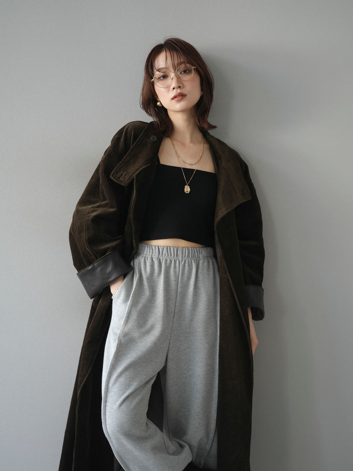 [予約]コーデュロイ折り返しレザーロングコート/khaki