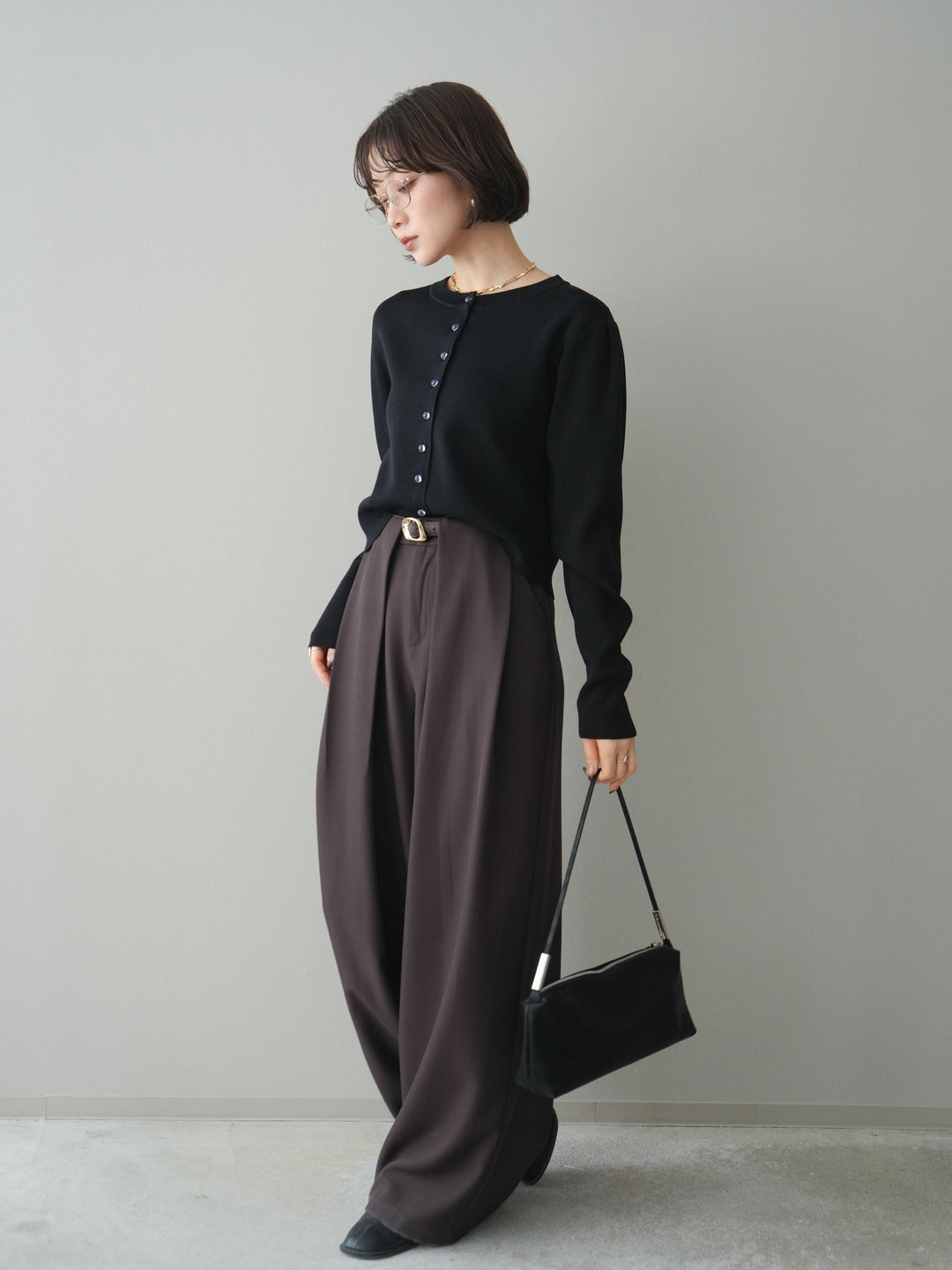 [SET]クリアボタンタックニットカーディガン+ベルトループデザインワイドパンツ(2set)