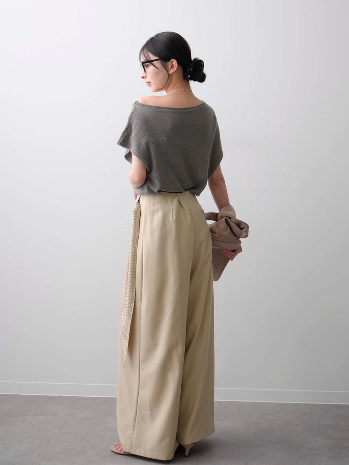 【套裝】斜裁法式針織上衣+鑲鑽腰帶褶皺闊腿褲（兩件套）
