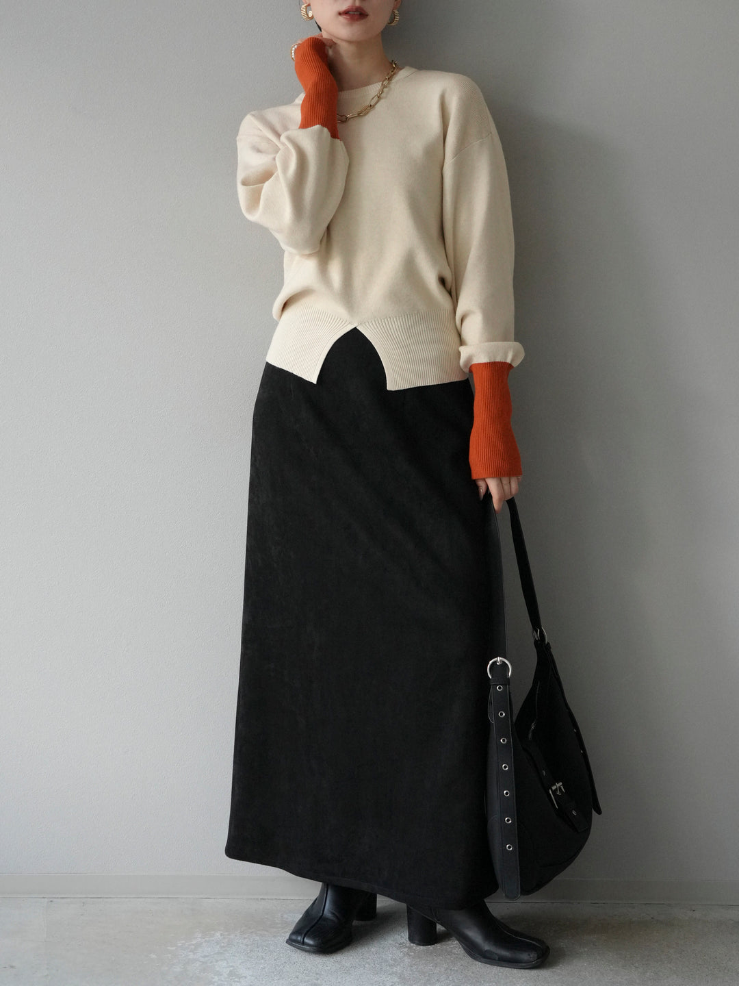 [予約]袖配色フロントスリットニットプルオーバー /アイボリー