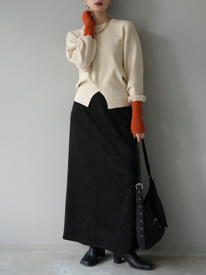 [予約]袖配色フロントスリットニットプルオーバー /アイボリー
