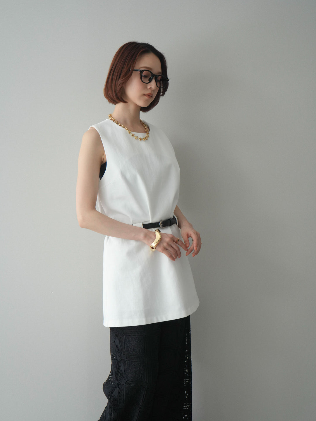 [予約]ベルト付リネンライクノースリチュニック/white