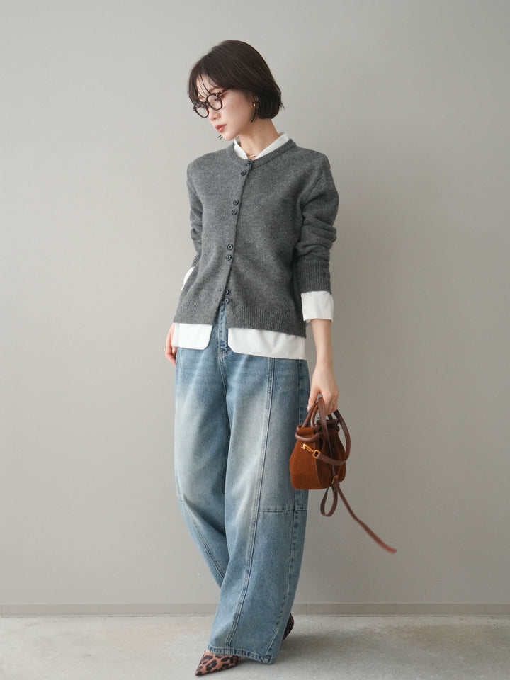 [SET]布帛ドッキングニットカーディガン+ガーメントウォッシュカーブデニムパンツ(2set)