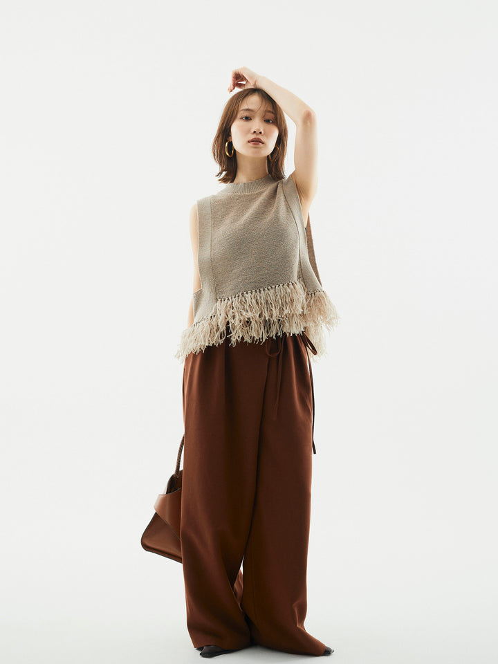 【Allure】[SET]フェザーヤーンニットベスト+ラップデザインタックワイドパンツ(2set)
