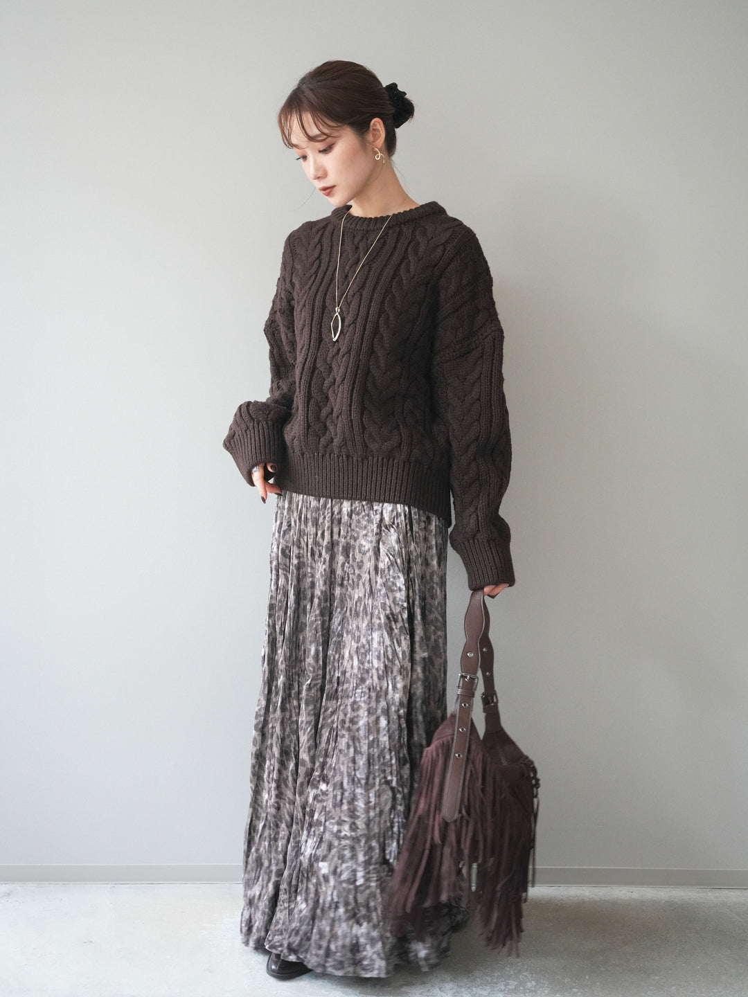 [予約]レオパードベロアワッシャーロングスカート/gray