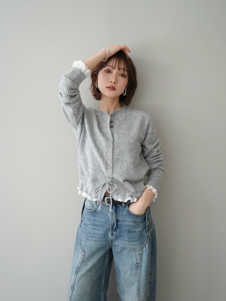 [SET]スカラップレース切り替ニットカーディガン+選べるアクセセット(2set)