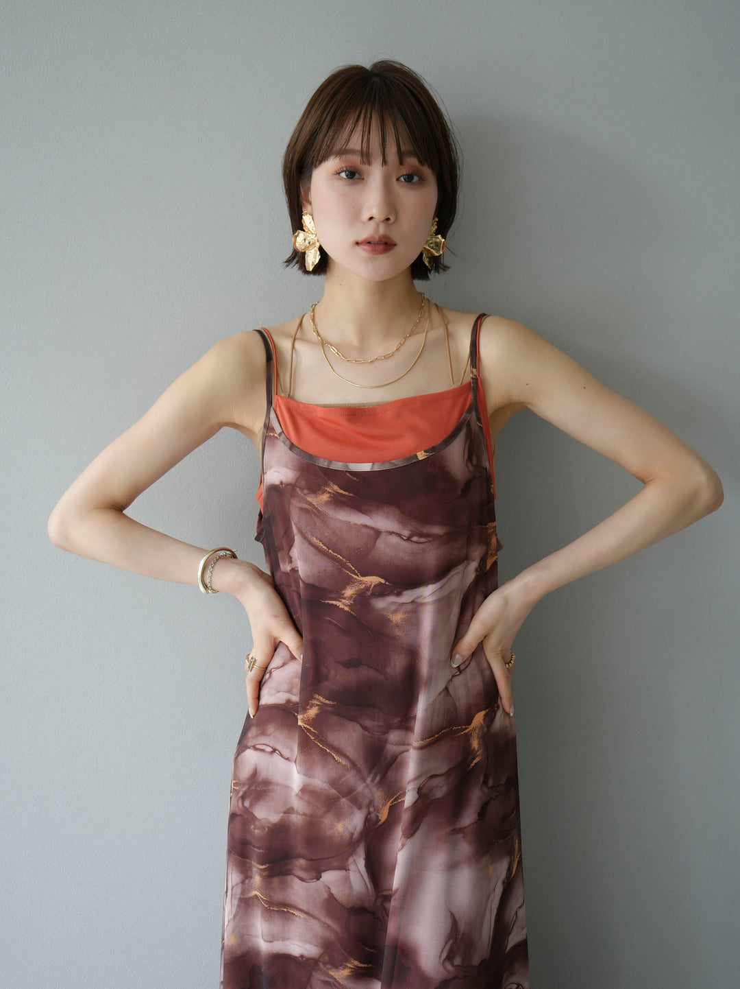 [Pre-order] Nuanced pattern tulle layered cami dress/brown