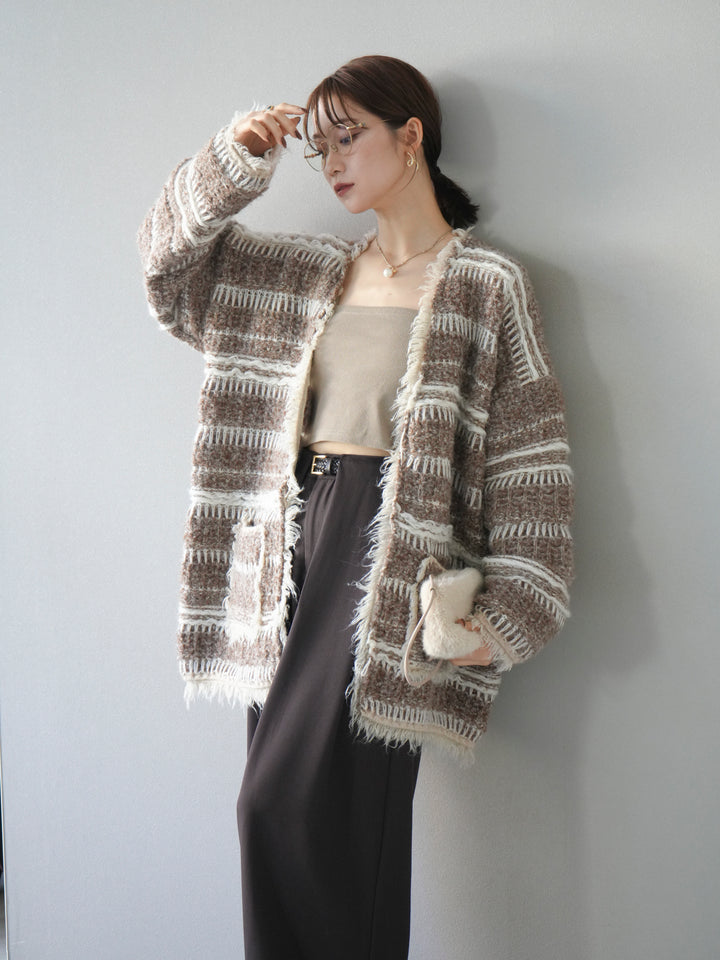 [予約]ミックスフリンジオーバーニットカーディガン/brown