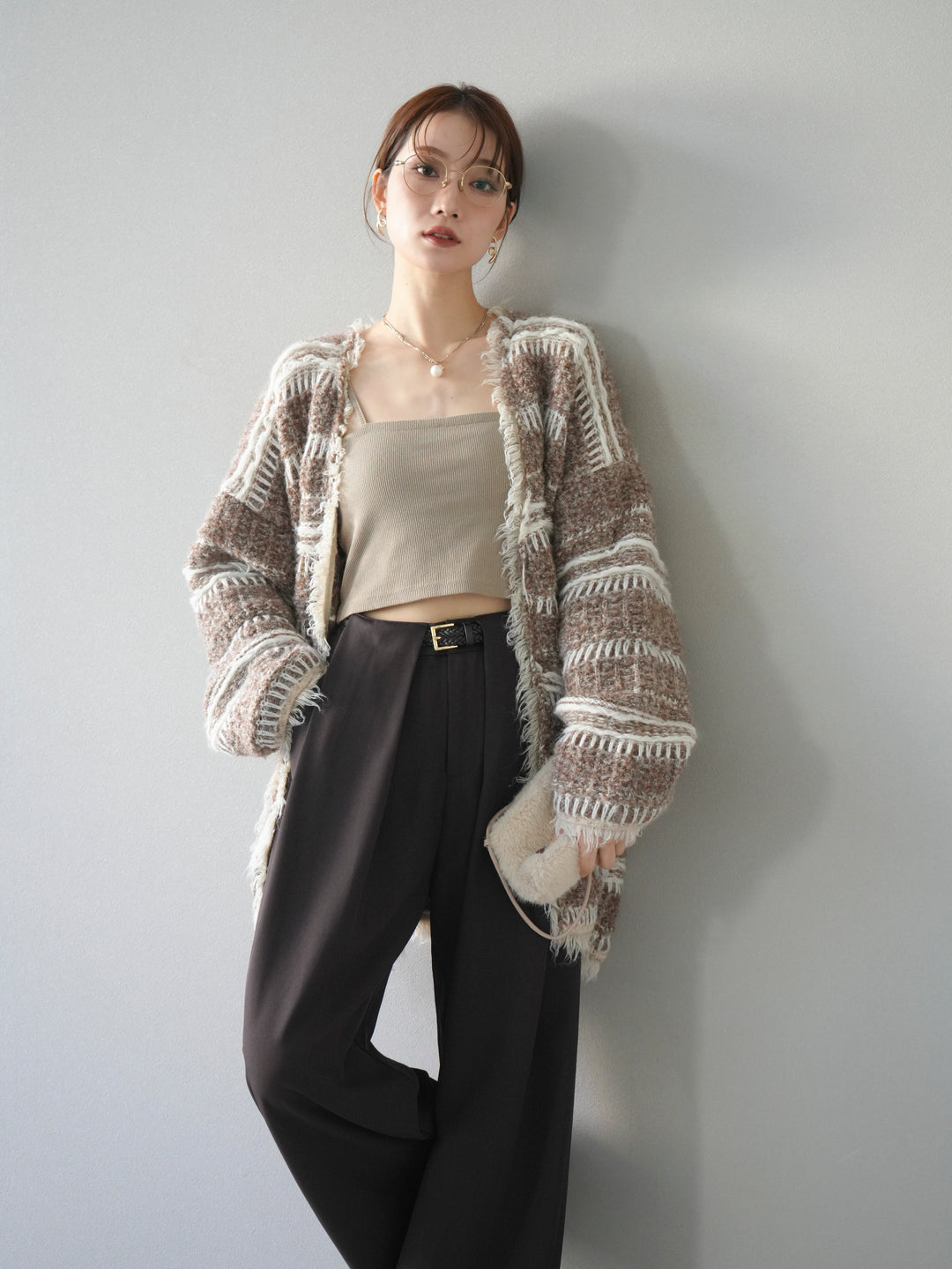 [予約]ミックスフリンジオーバーニットカーディガン/brown
