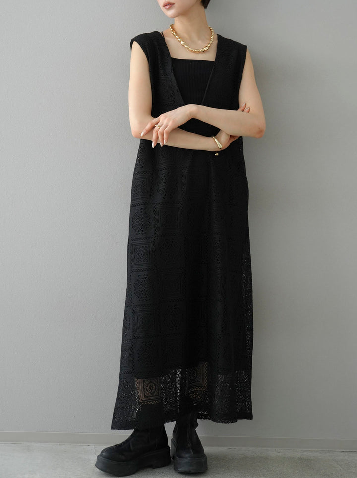 [Pre-order] Block Lace V-neck Sleeveless Dress/Black