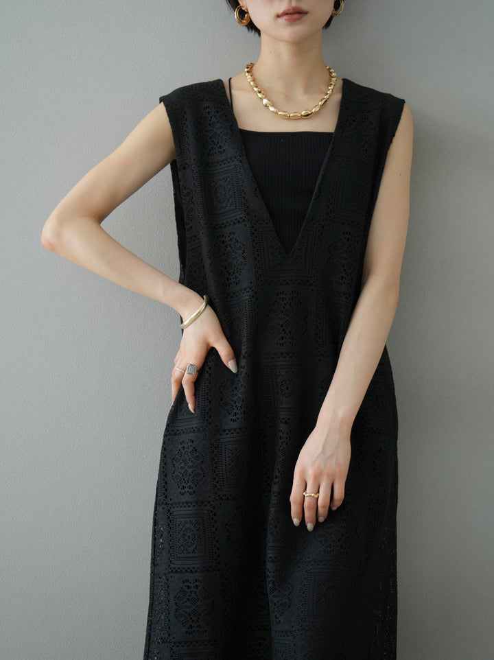 [Pre-order] Block Lace V-neck Sleeveless Dress/Black