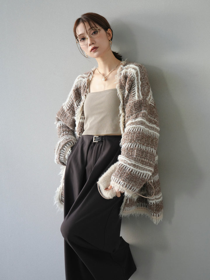 [予約]ミックスフリンジオーバーニットカーディガン/brown