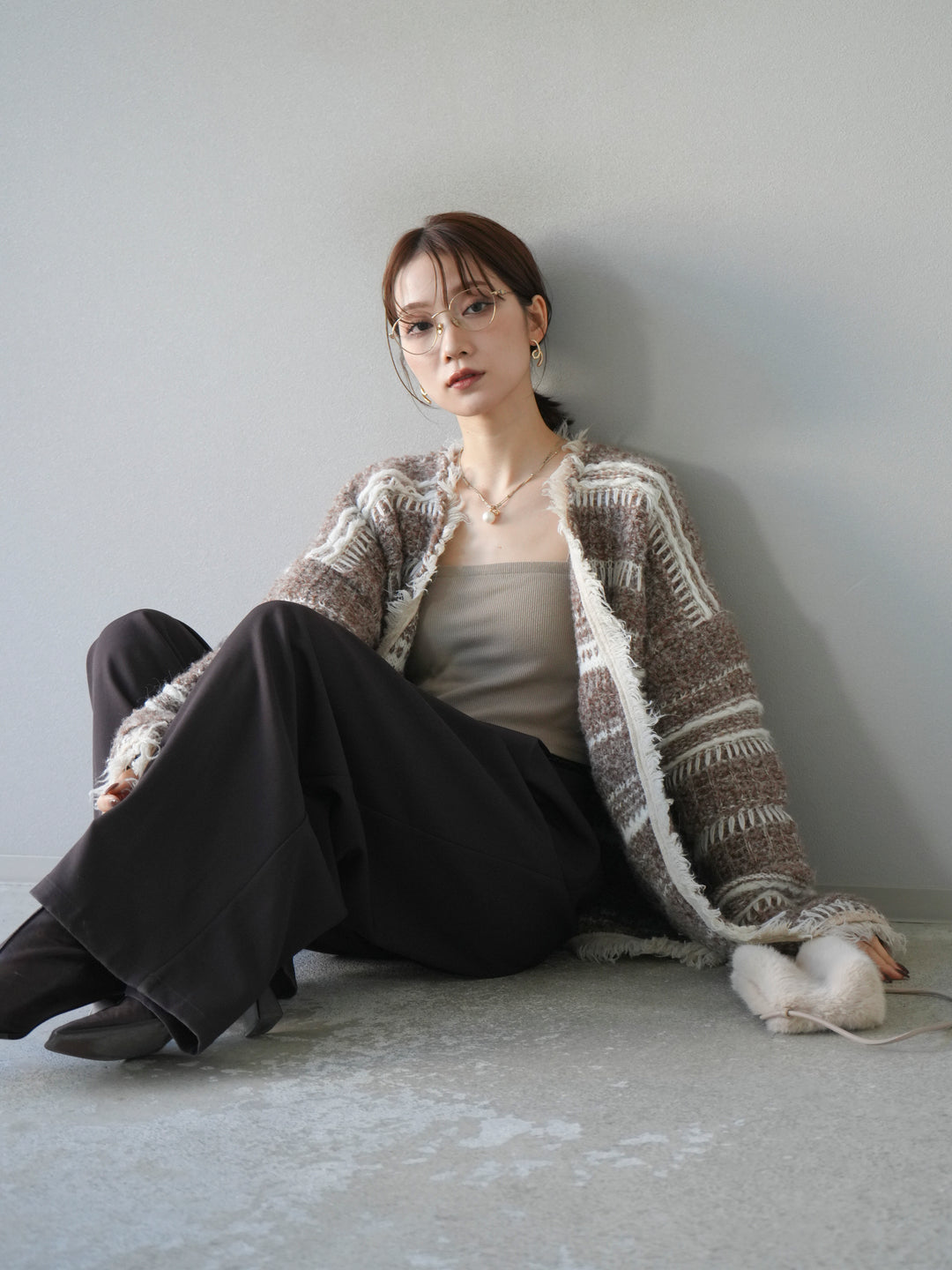 [予約]ミックスフリンジオーバーニットカーディガン/brown