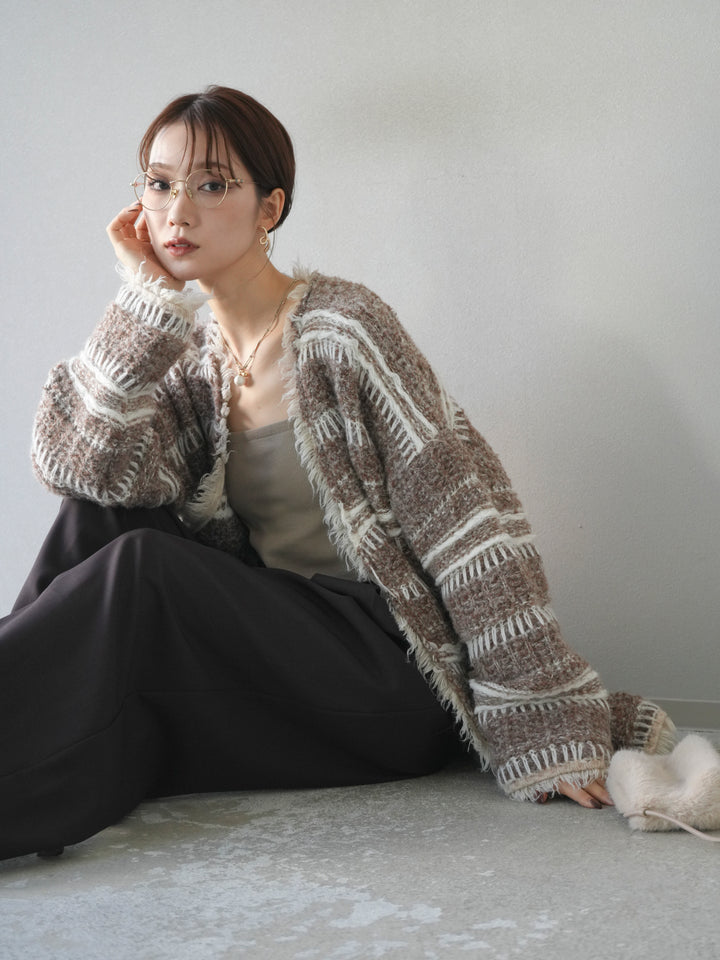 [予約]ミックスフリンジオーバーニットカーディガン/brown