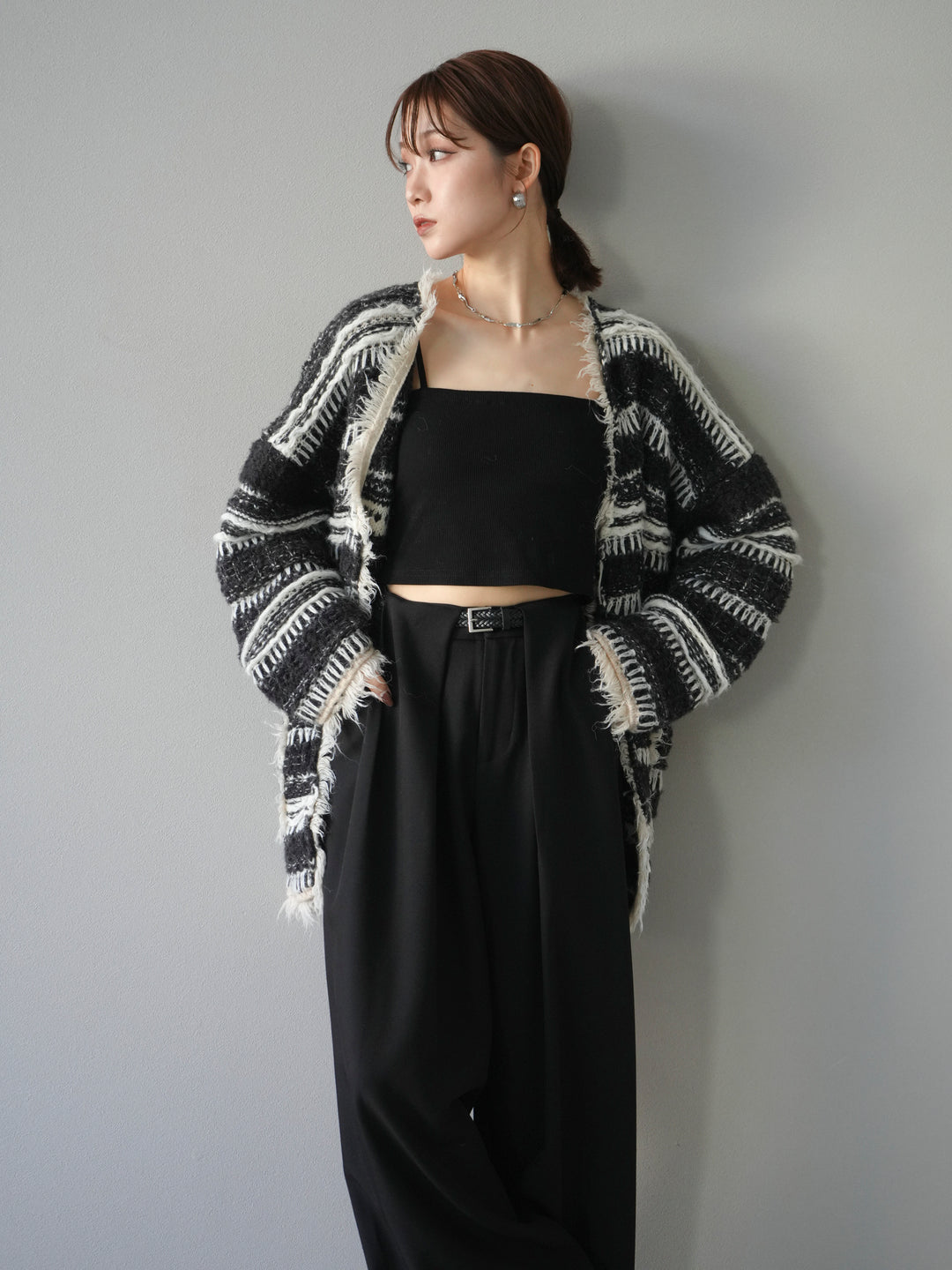 [予約]ミックスフリンジオーバーニットカーディガン/black