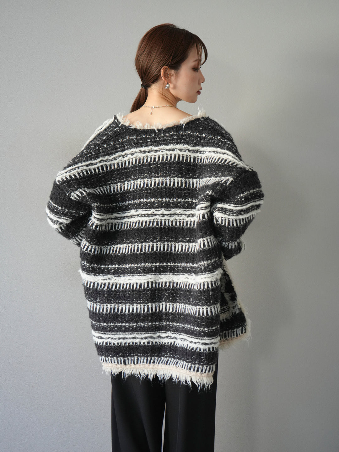 [予約]ミックスフリンジオーバーニットカーディガン/black