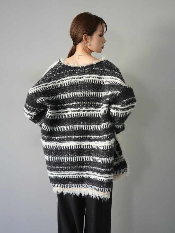 [予約]ミックスフリンジオーバーニットカーディガン/black