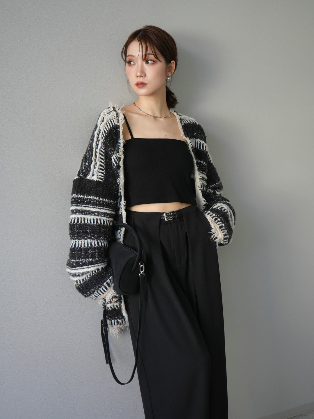 [予約]ミックスフリンジオーバーニットカーディガン/black