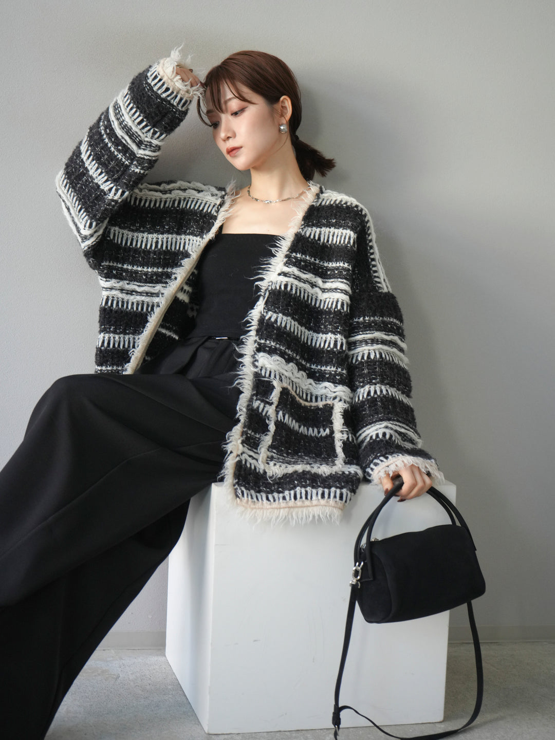 [予約]ミックスフリンジオーバーニットカーディガン/black