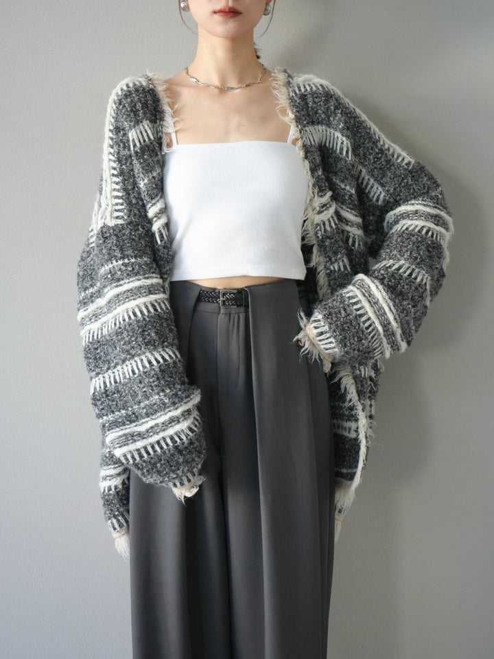 [予約]ミックスフリンジオーバーニットカーディガン/gray