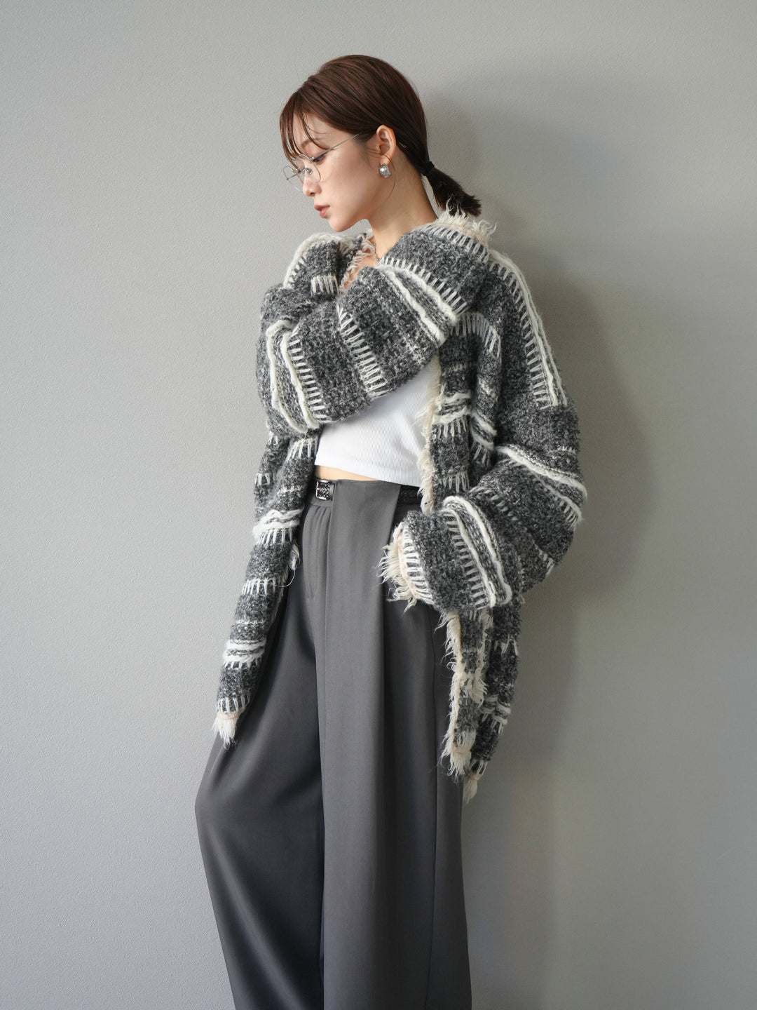 [予約]ミックスフリンジオーバーニットカーディガン/gray