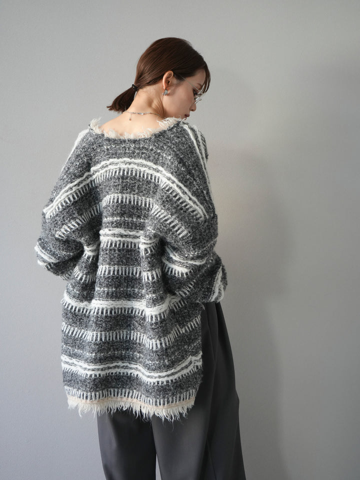 [予約]ミックスフリンジオーバーニットカーディガン/gray
