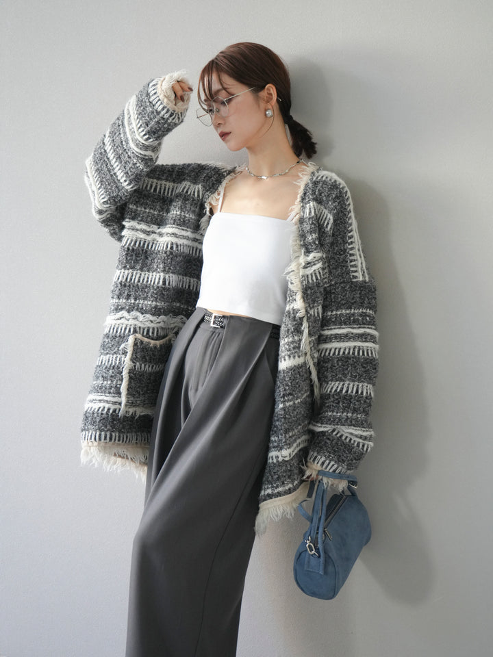 [予約]ミックスフリンジオーバーニットカーディガン/gray
