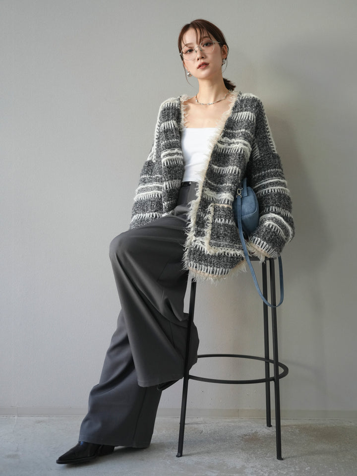 [予約]ミックスフリンジオーバーニットカーディガン/gray