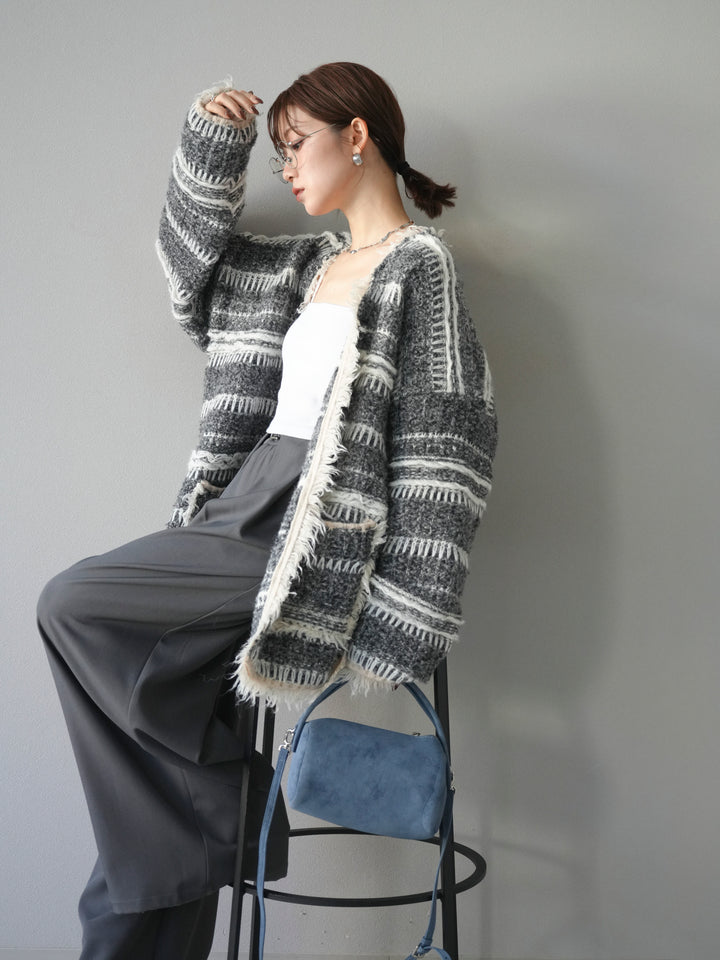 [予約]ミックスフリンジオーバーニットカーディガン/gray
