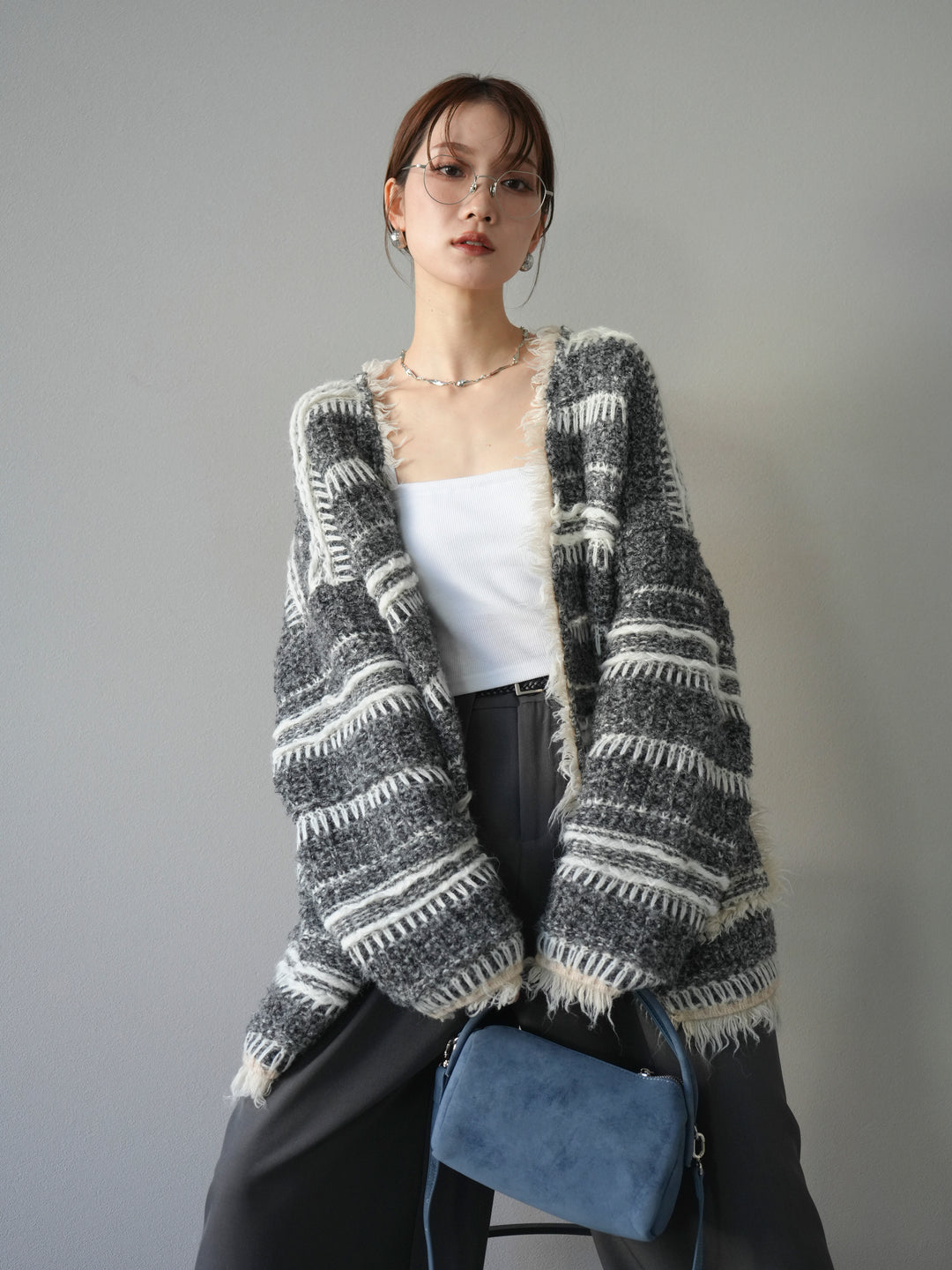 [予約]ミックスフリンジオーバーニットカーディガン/gray