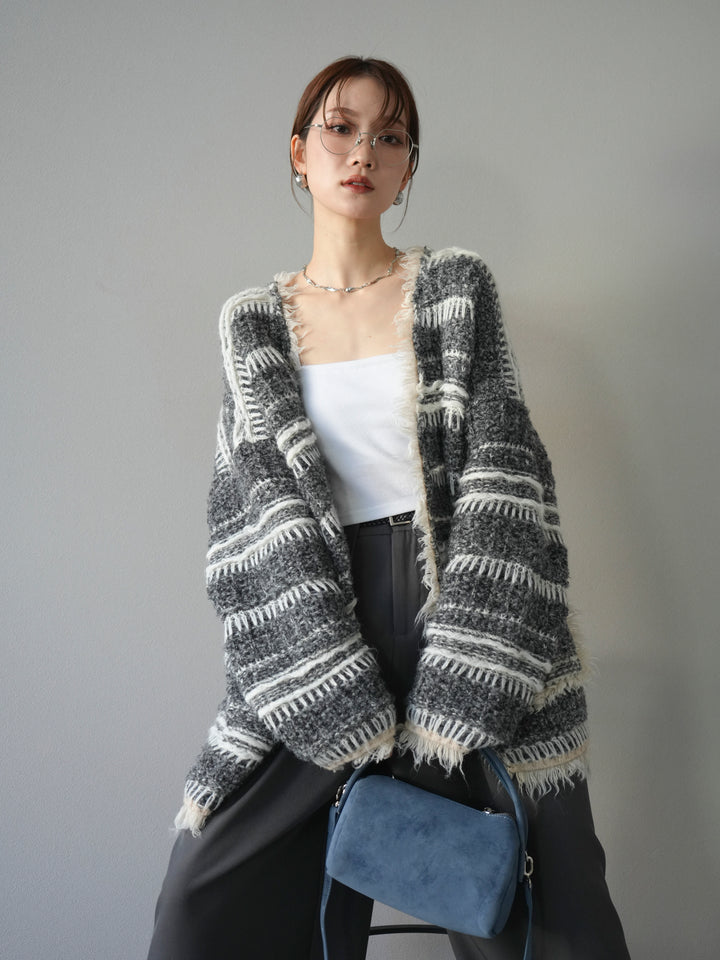 [予約]ミックスフリンジオーバーニットカーディガン/gray