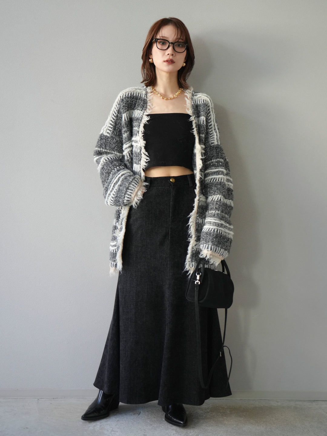 [予約]ミックスフリンジオーバーニットカーディガン/gray