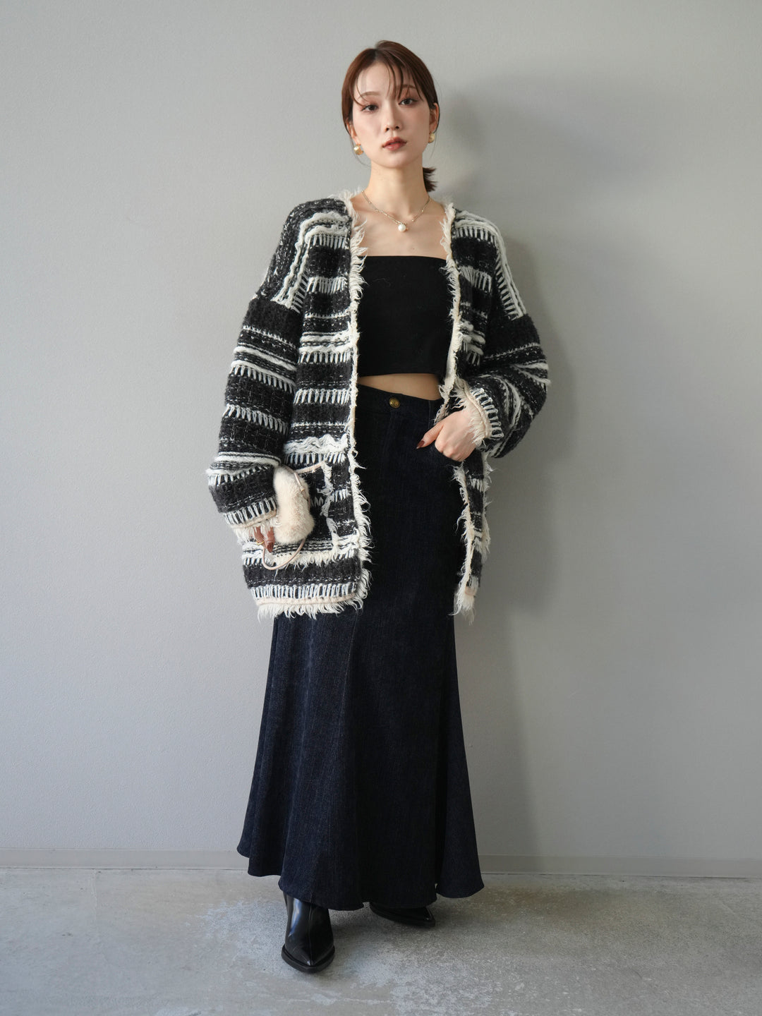 [予約]ミックスフリンジオーバーニットカーディガン/black