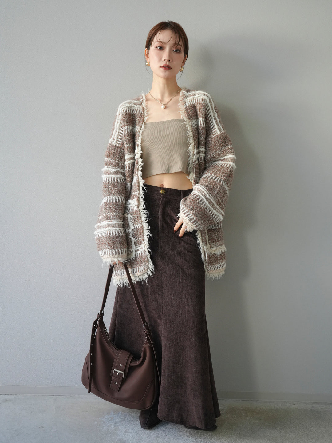 [予約]ミックスフリンジオーバーニットカーディガン/brown