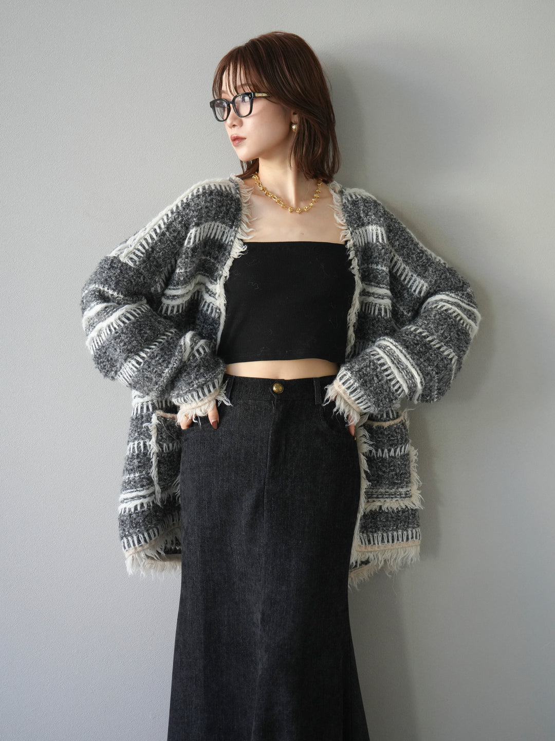 [予約]ミックスフリンジオーバーニットカーディガン/gray
