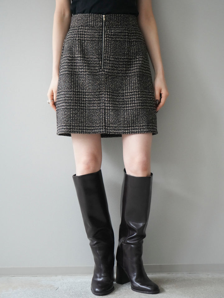 [予約]フロントZIPアソート柄ミニスカート/brown