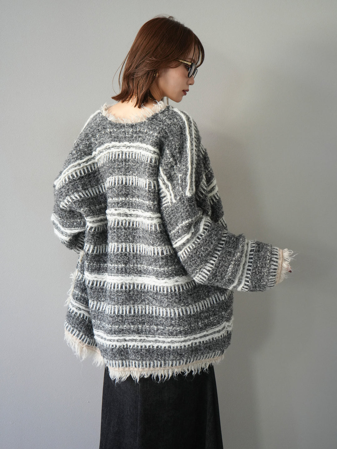 [予約]ミックスフリンジオーバーニットカーディガン/gray