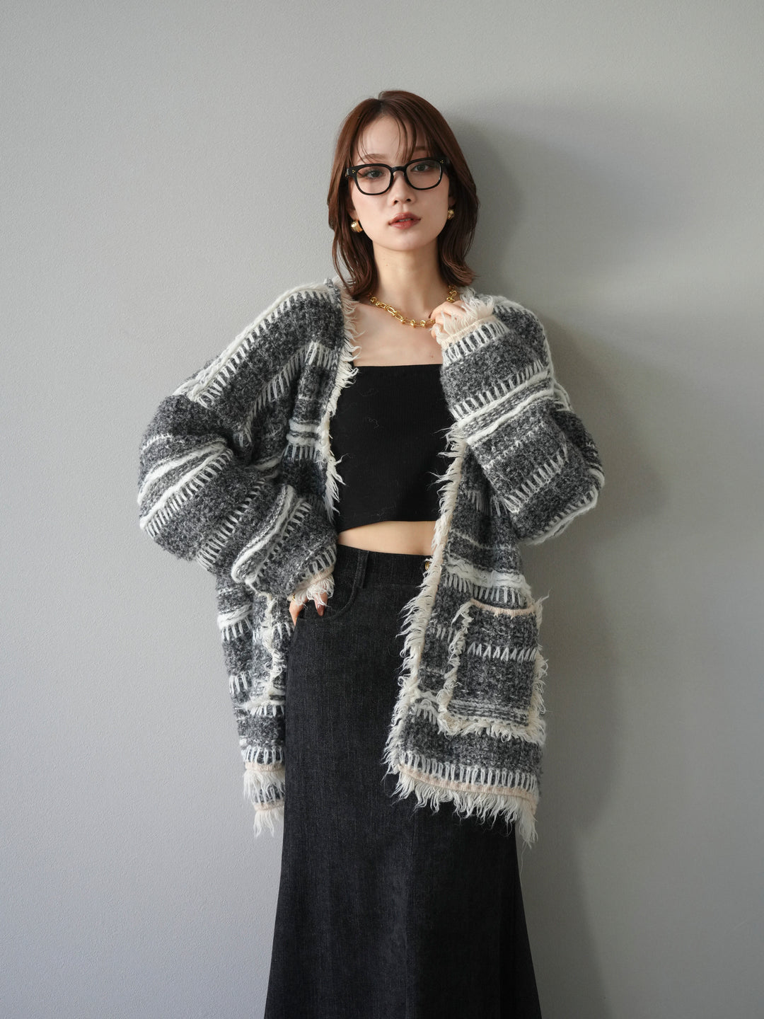 [予約]ミックスフリンジオーバーニットカーディガン/gray