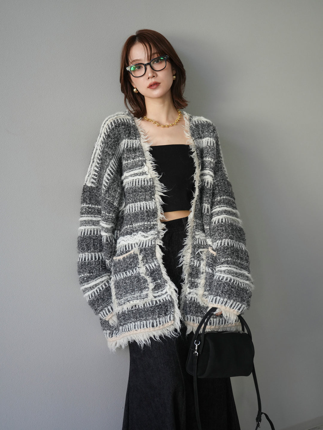 [予約]ミックスフリンジオーバーニットカーディガン/gray