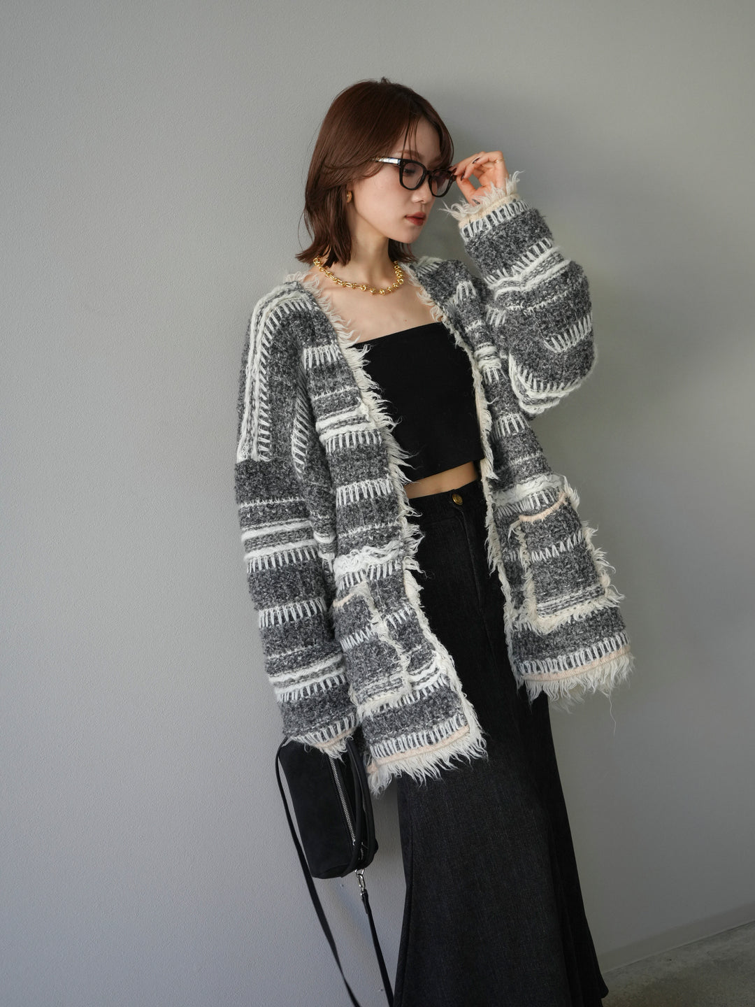 [予約]ミックスフリンジオーバーニットカーディガン/gray