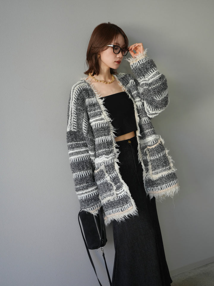 [予約]ミックスフリンジオーバーニットカーディガン/gray
