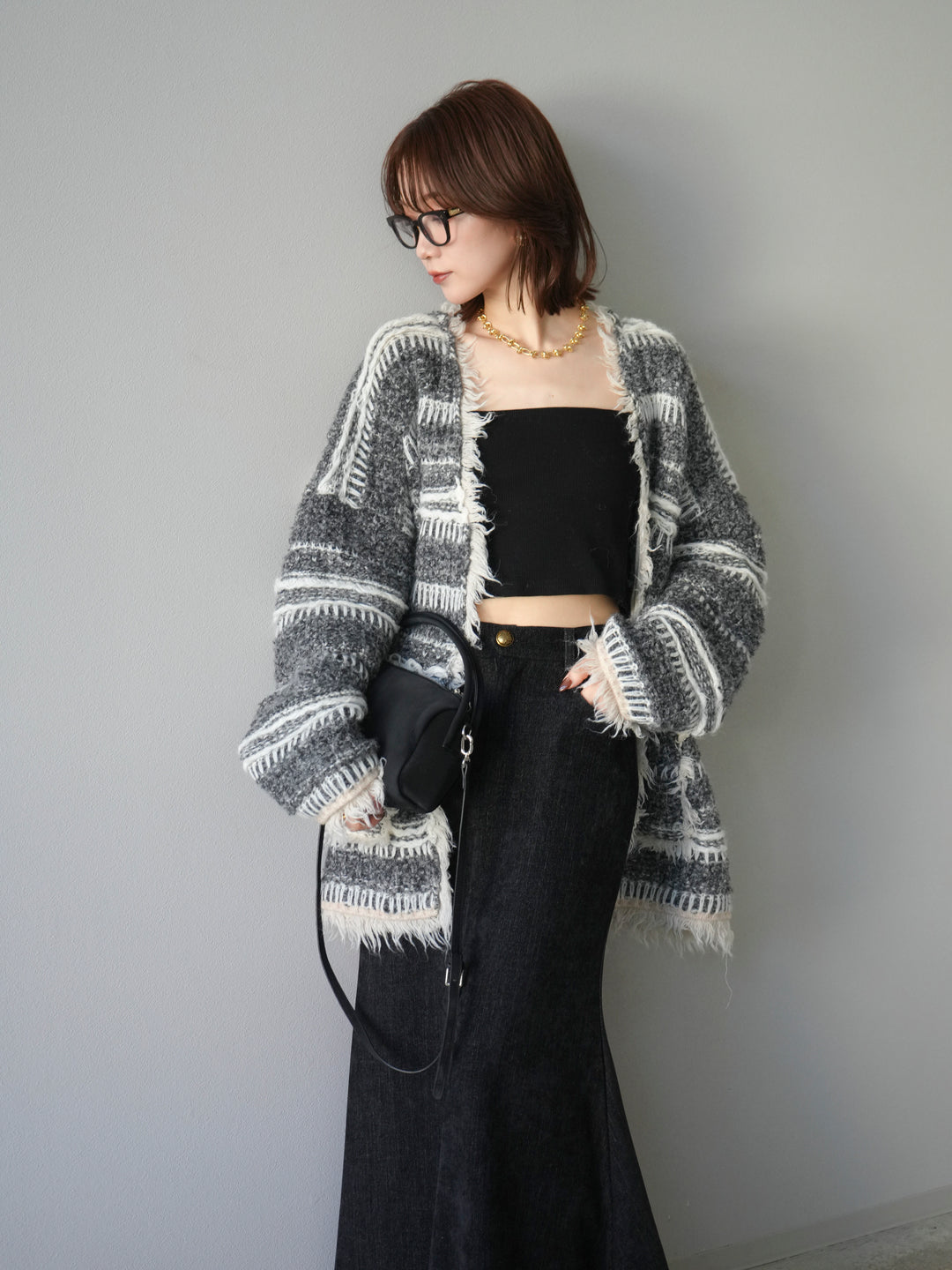 [予約]ミックスフリンジオーバーニットカーディガン/gray