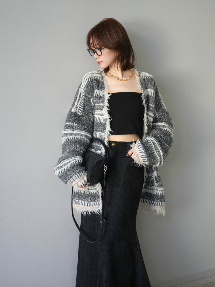 [予約]ミックスフリンジオーバーニットカーディガン/gray