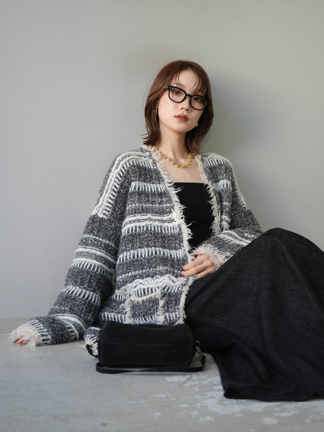 [予約]ミックスフリンジオーバーニットカーディガン/gray