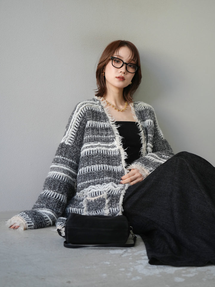 [予約]ミックスフリンジオーバーニットカーディガン/gray