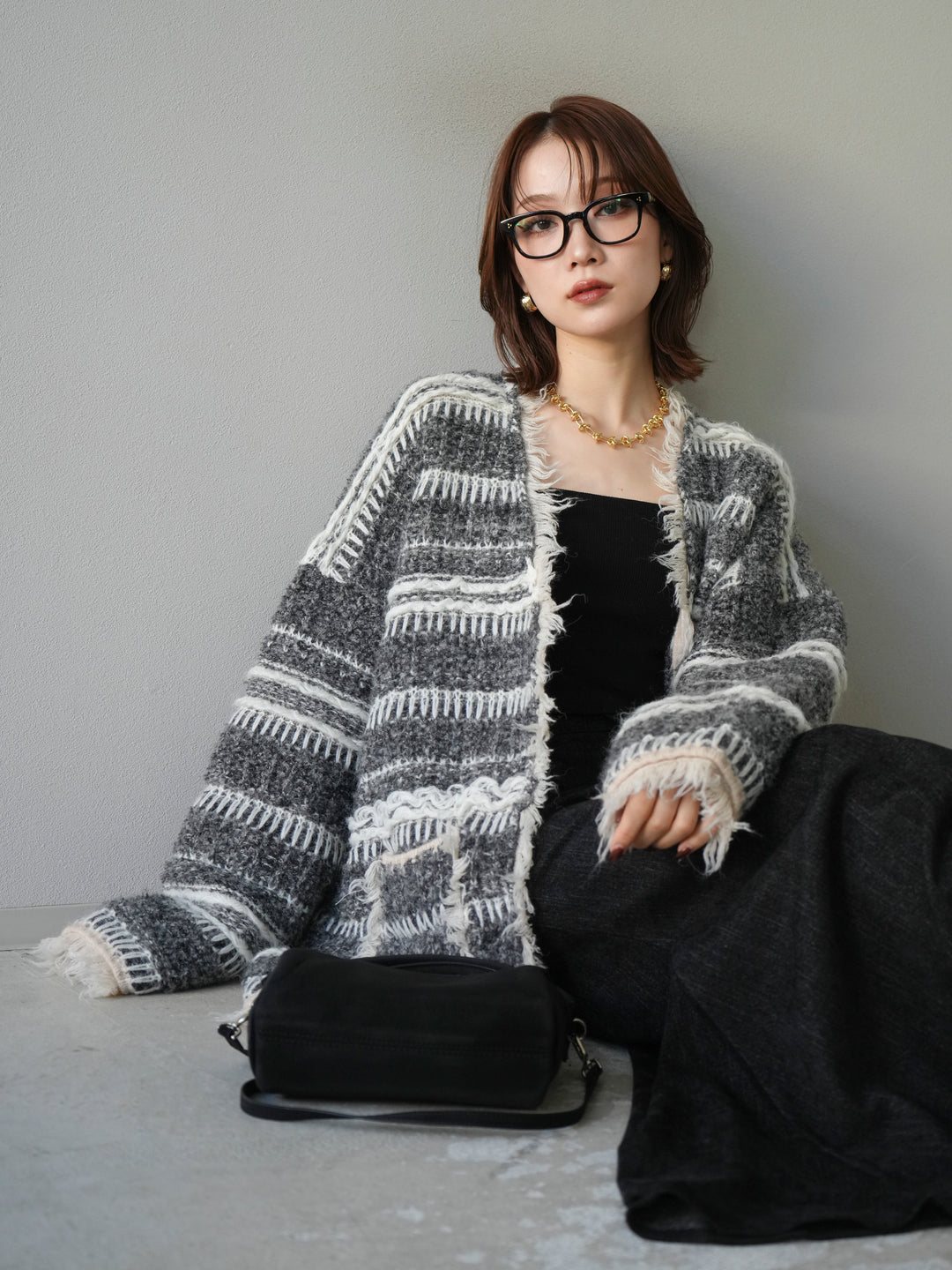 [予約]ミックスフリンジオーバーニットカーディガン/gray