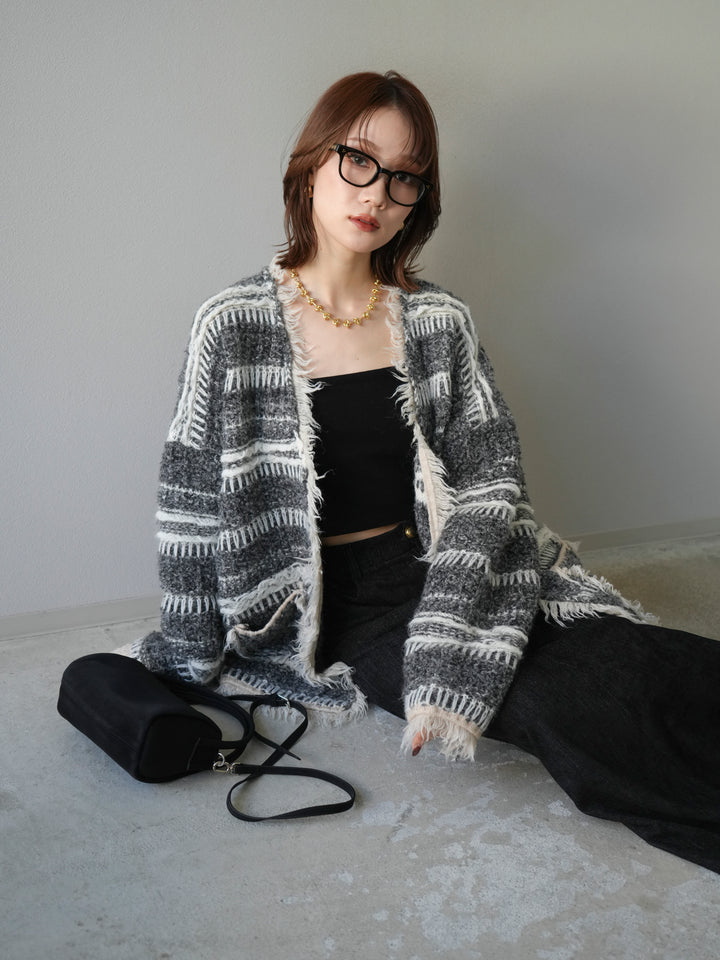 [予約]ミックスフリンジオーバーニットカーディガン/gray