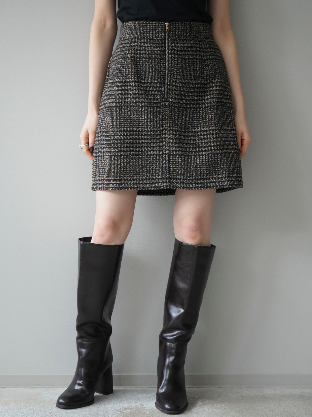 [予約]フロントZIPアソート柄ミニスカート/brown