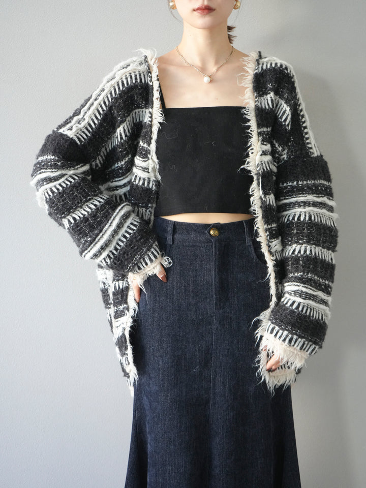 [予約]ミックスフリンジオーバーニットカーディガン/black